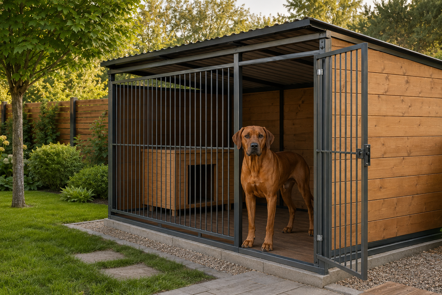Rhodéský ridgeback stojí v bezpečném prostorném kotci na zahradě